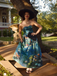 Robe bustier bleue motif nénuphars et décolleté cœur années 50