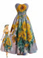 [Prévente] Robe bustier lavande motif tournesols et décolleté cœur années 50