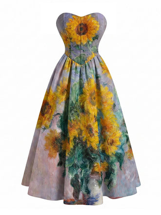 [Prévente] Robe bustier lavande motif tournesols et décolleté cœur années 50