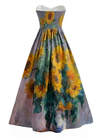 [Prévente] Robe bustier lavande motif tournesols et décolleté cœur années 50