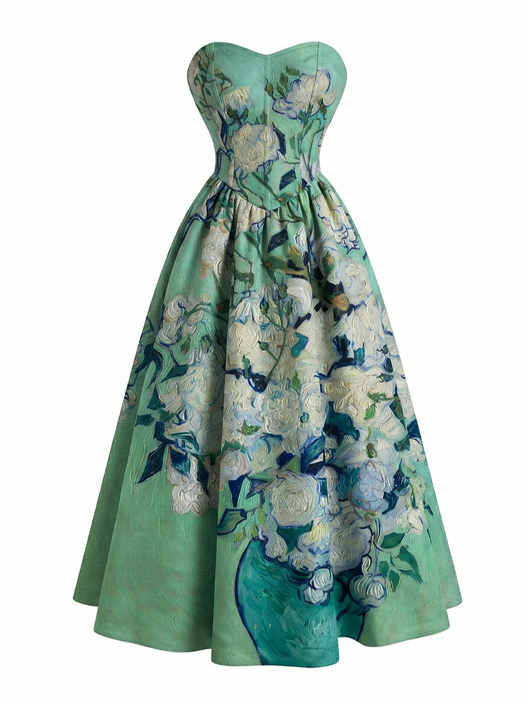 [Prévente] Robe bustier vert pâle motif nénuphars et décolleté cœur années 50