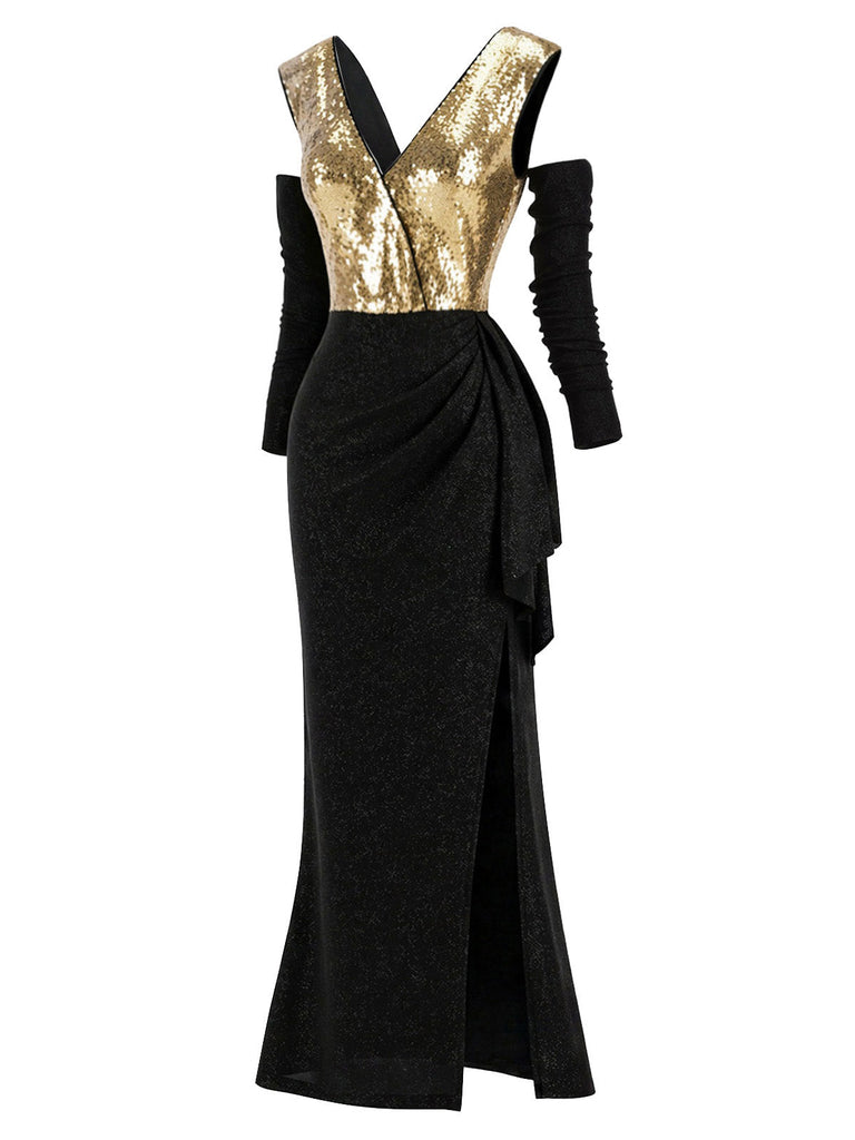 [Prévente] Robe longue noire et dorée à sequins et épaules dénudées années 1920