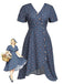 [Prévente] [Grande Taille] Robe Floral Boutonné Portefeuille Mi-Longue Devant Bleu Foncé Années 1940