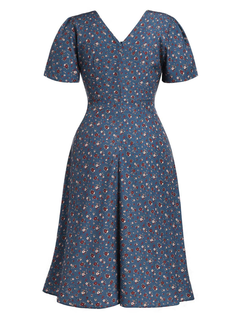 [Prévente] [Grande Taille] Robe Floral Boutonné Portefeuille Mi-Longue Devant Bleu Foncé Années 1940 5