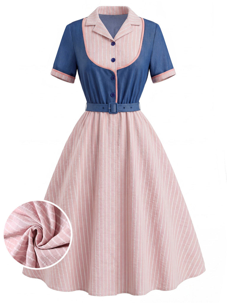 [Prévente] Robe Bleue & Rose Col Revers Rayée Effet 2PCS Années 1950 2