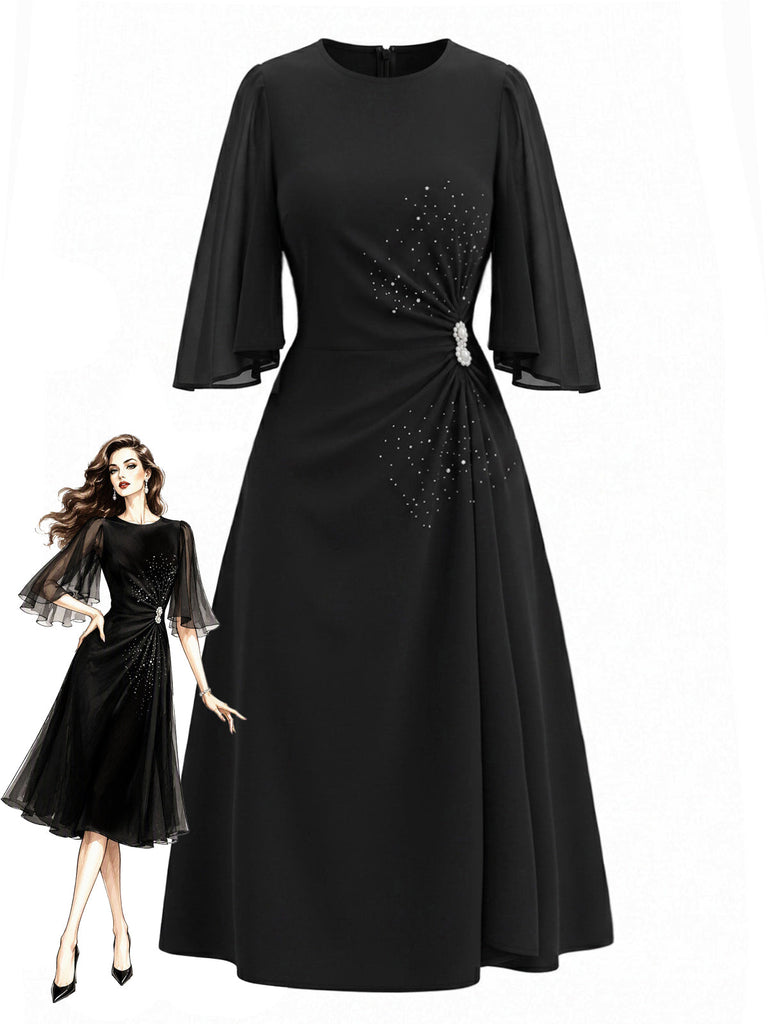 [Prévente] Robe Noire Col Rond Strass Manches Fendues Années 1940