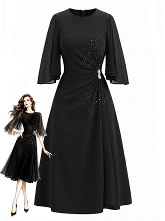 [Prévente] Robe Noire Col Rond Strass Manches Fendues Années 1940