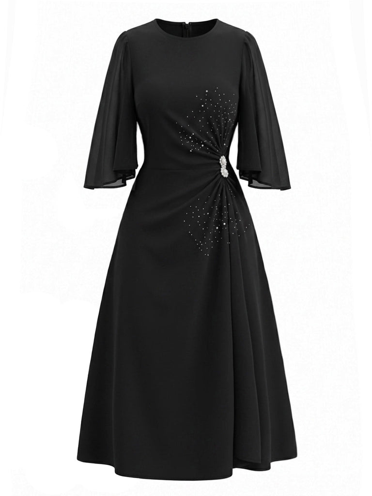 [Prévente] Robe Noire Col Rond Strass Manches Fendues Années 1940 2