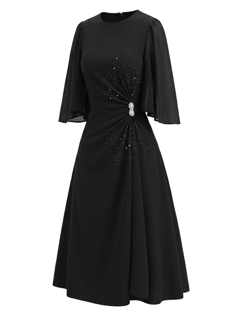 [Prévente] Robe Noire Col Rond Strass Manches Fendues Années 1940 3