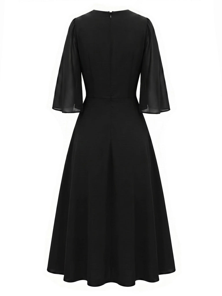 [Prévente] Robe Noire Col Rond Strass Manches Fendues Années 1940 4
