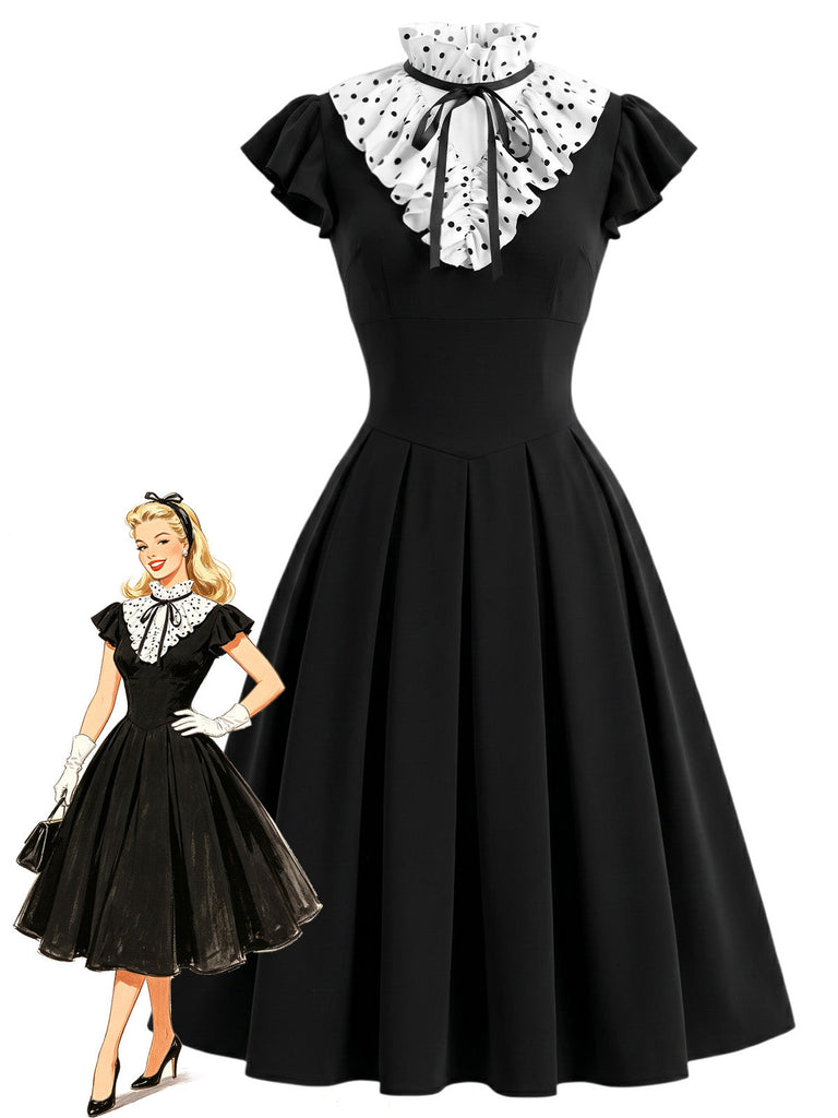 [Prévente] Robe noire à pois, col volanté et coupe en A Années 1950