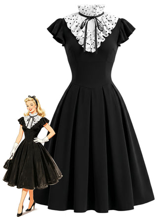 [Prévente] Robe noire à pois, col volanté et coupe en A Années 1950