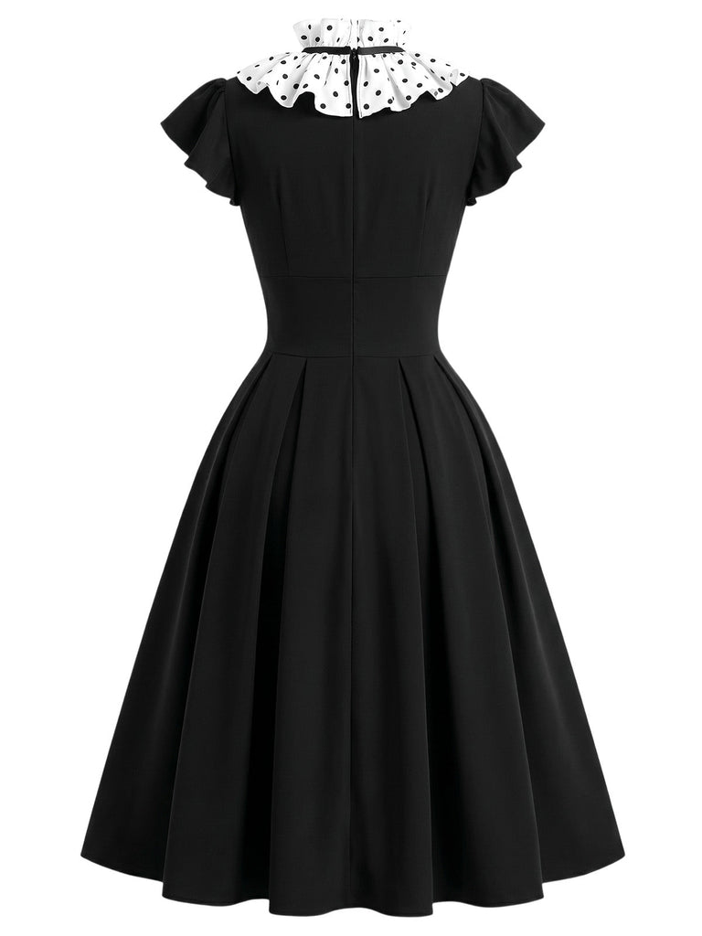 [Prévente] Robe noire à pois, col volanté et coupe en A Années 1950