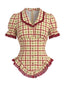 [Prévente] Blouse couleur champagne carreaux et dentelle ourlet volants années 1940