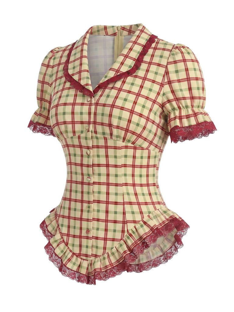 [Prévente] Ensemble à Carreaux Dentelle à Volants Ourlet & Ligne A Années 1940 6