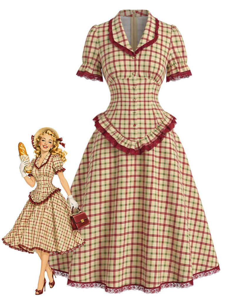 [Prévente] Ensemble à Carreaux Dentelle à Volants Ourlet & Ligne A Années 1940