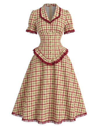[Prévente] Ensemble à Carreaux Dentelle à Volants Ourlet & Ligne A Années 1940 2
