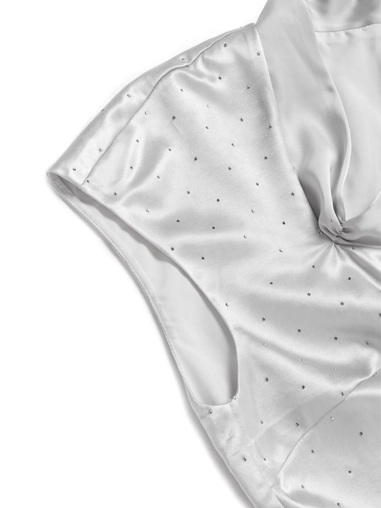 [Prévente] Robe Gris Satin Strass Trapèze Encolure Crayon Années 1960 5