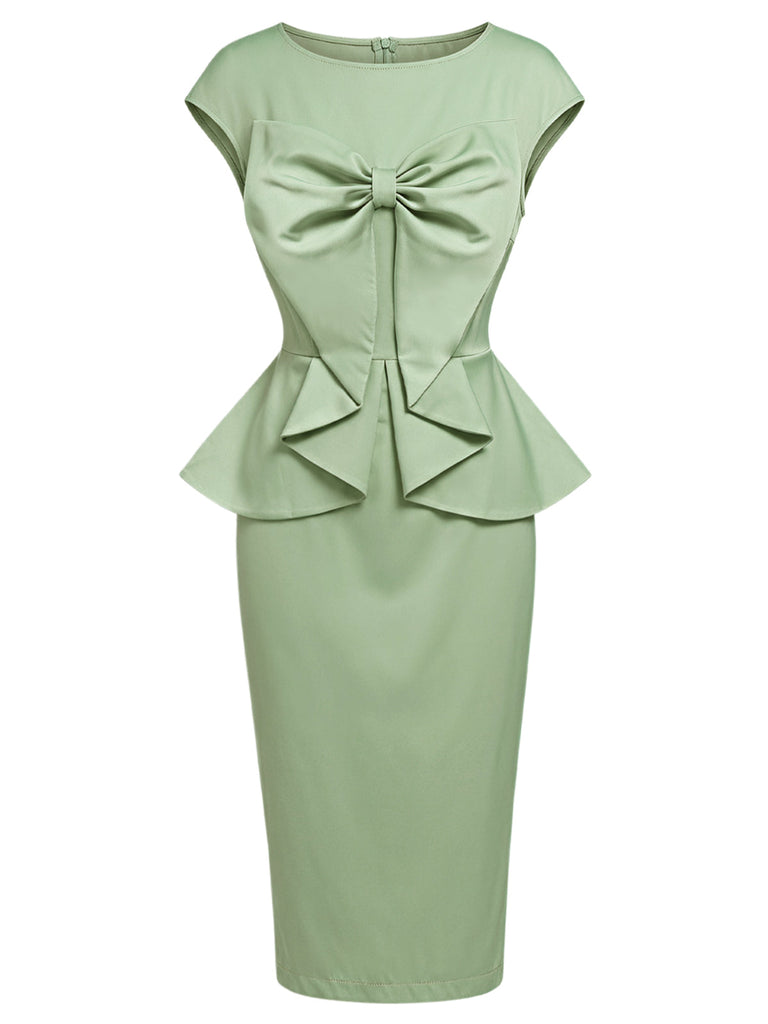 [Prévente] Robe Crayon Nœud Col Ras-du-Cou Uni Vert Années 1960 2