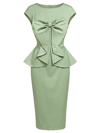 [Prévente] Robe Crayon Nœud Col Ras-du-Cou Uni Vert Années 1960 2