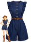 [Prévente] Combishort bleu jean col rond et manches volants années 70