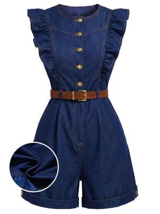 [Prévente] Combishort Volant Ceinturé Col Ras-du-Cou Manche Bleu Foncé & Denim Années 1970 2