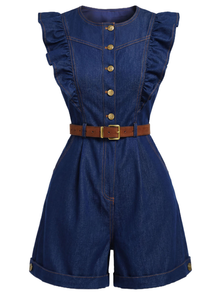 [Prévente] Combishort Volant Ceinturé Col Ras-du-Cou Manche Bleu Foncé & Denim Années 1970 3