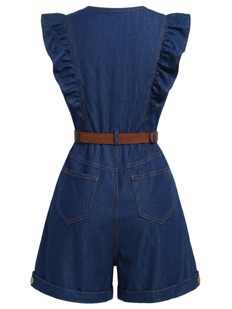 [Prévente] Combishort Volant Ceinturé Col Ras-du-Cou Manche Bleu Foncé & Denim Années 1970 5