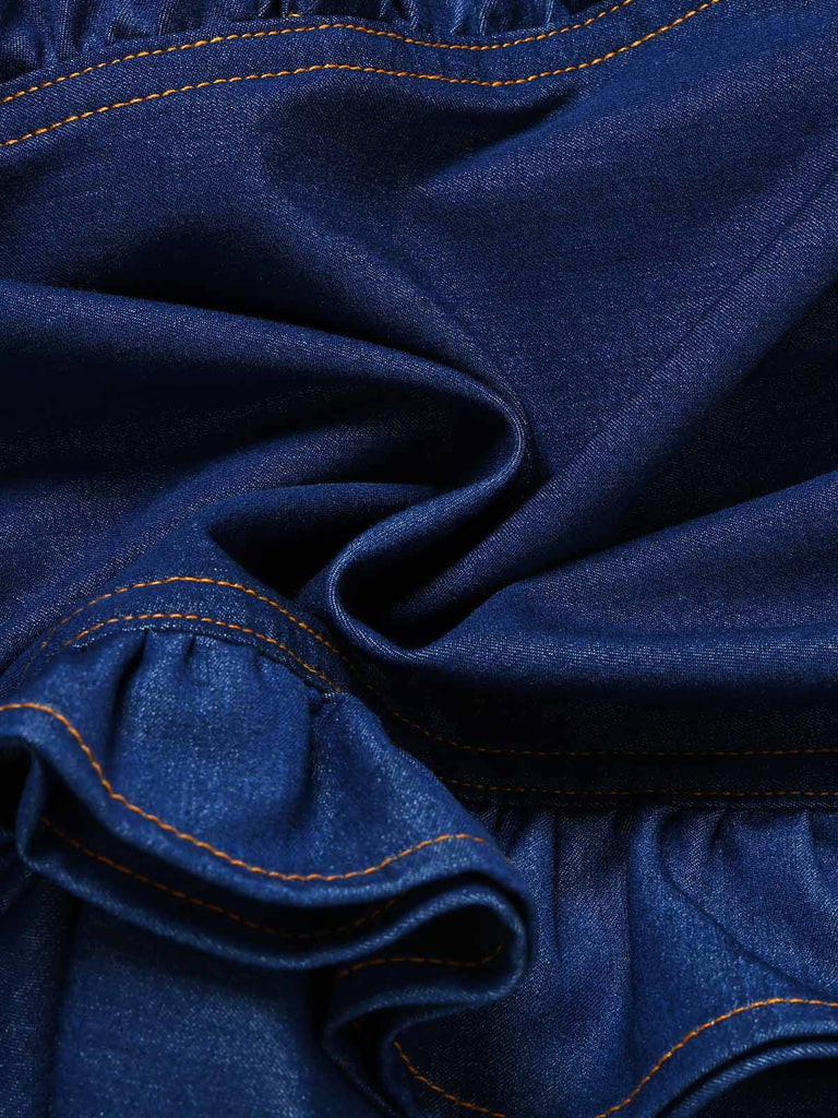 [Prévente] Combishort Volant Ceinturé Col Ras-du-Cou Manche Bleu Foncé & Denim Années 1970 6