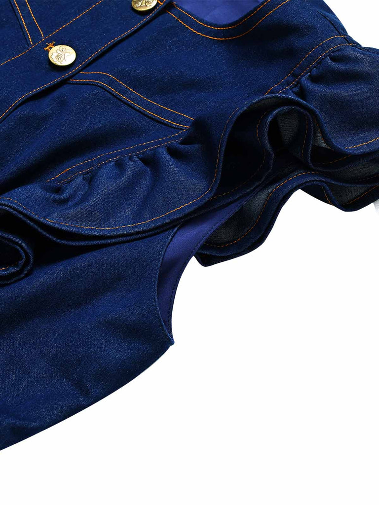 [Prévente] Combishort Volant Ceinturé Col Ras-du-Cou Manche Bleu Foncé & Denim Années 1970 8