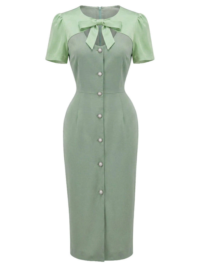 [Prévente] Robe Vert Nœud Hollow Bicolore Crayon Années 1960 2