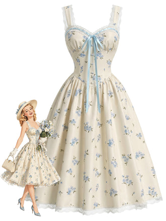 [Prévente] Robe Bleu Clair Floral Imprimé Volant Nœud Umbrella Années 1950