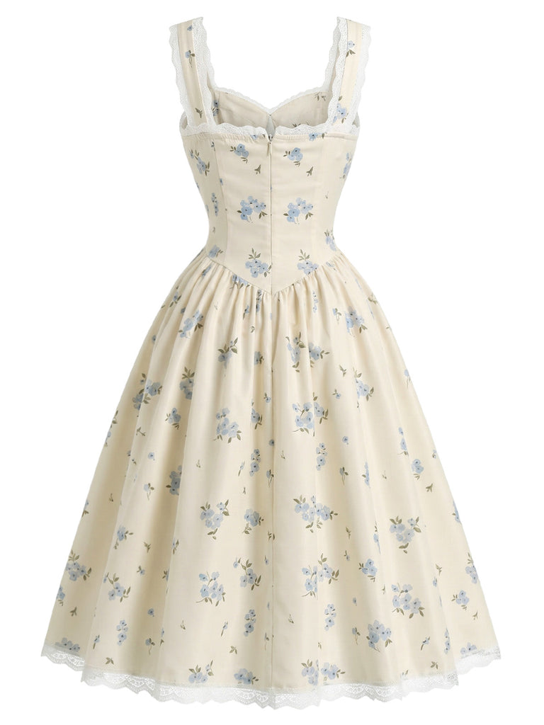 [Prévente] Robe Bleu Clair Floral Imprimé Volant Nœud Umbrella Années 1950 4
