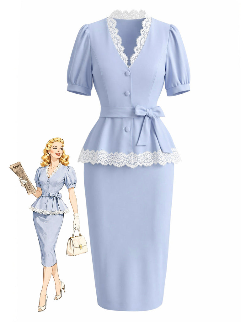 [Prévente] Ensemble Bleu Clair Dentelle Col V & Moulant Années 1940