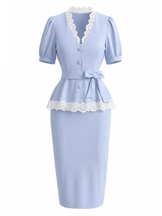 [Prévente] Ensemble Bleu Clair Dentelle Col V & Moulant Années 1940 2