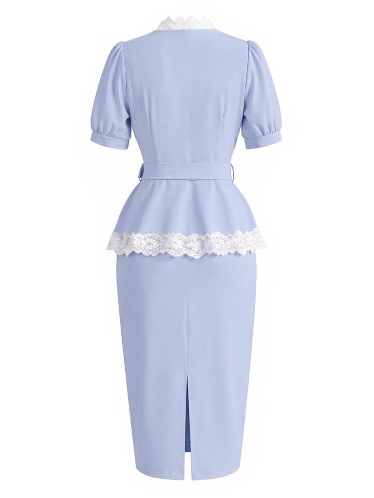 [Prévente] Ensemble Bleu Clair Dentelle Col V & Moulant Années 1940 4