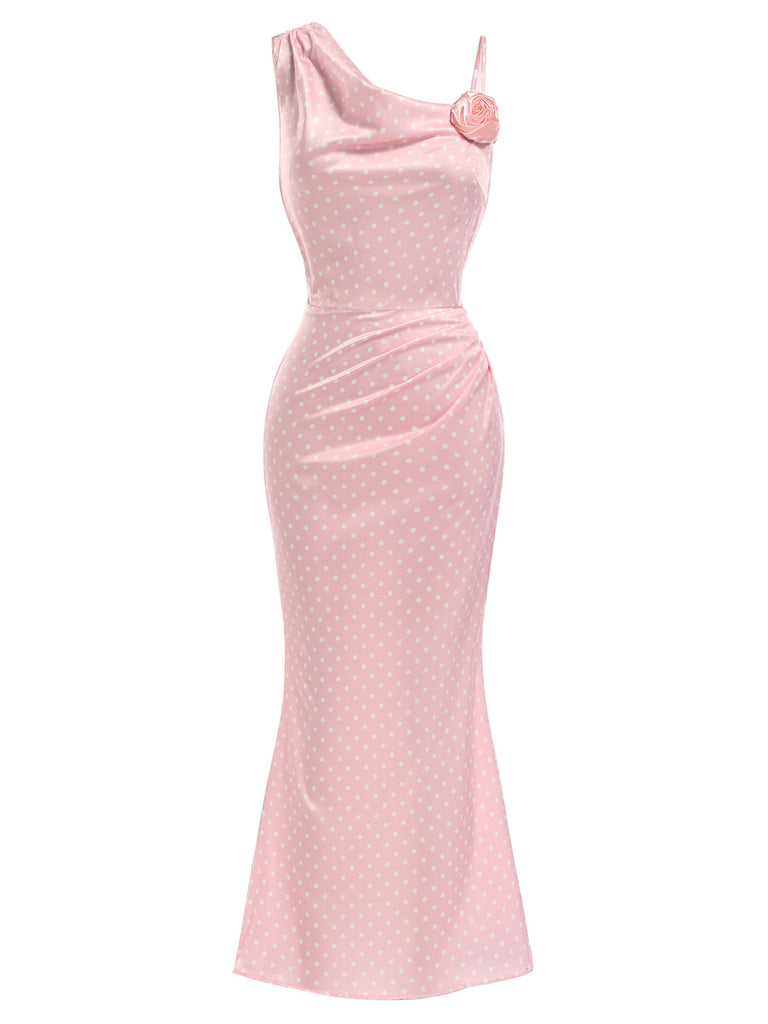 [Prévente] Robe Rose à Pois 3D Rose Satin Sirène Années 1930 2