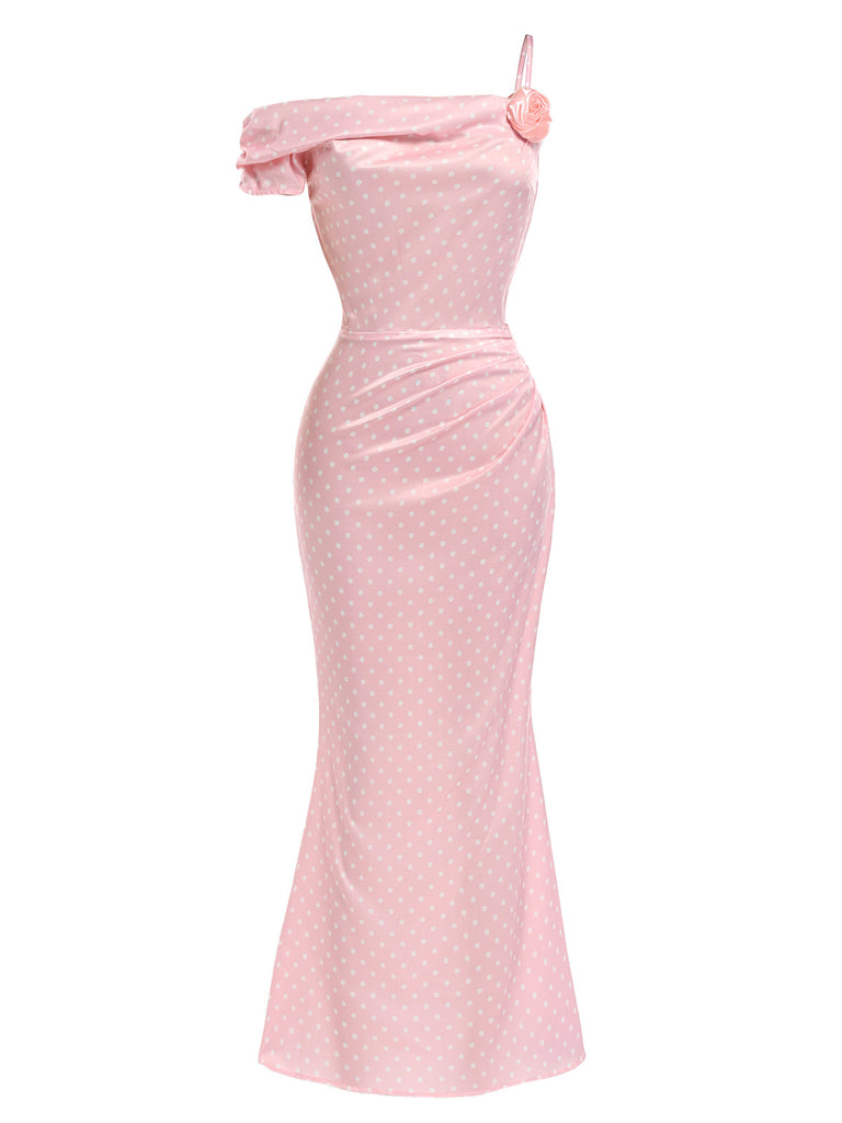 [Prévente] Robe Rose à Pois 3D Rose Satin Sirène Années 1930 3