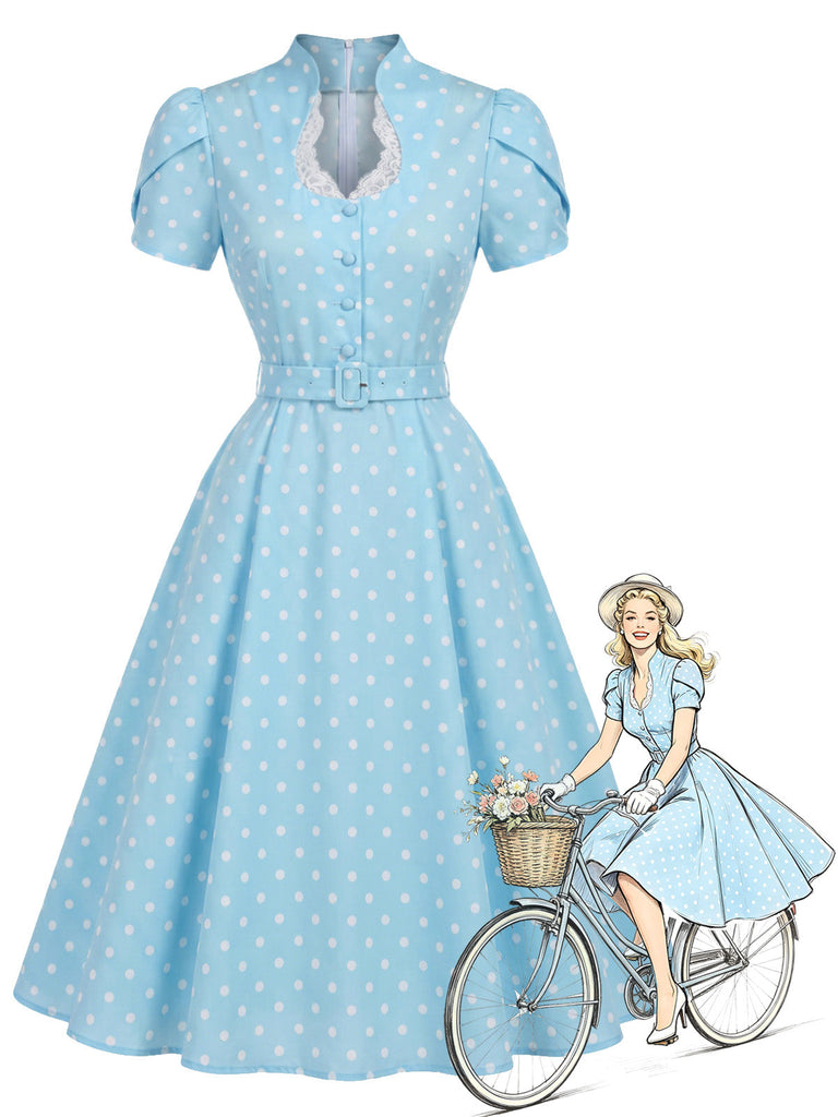 [Prévente] Robe Bleu à Pois Trou de Serrure Manches Tulipe Ceinturé Années 1950