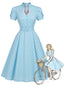 [Prévente] Robe bleue pois manches tulipe et décolleté goutte d'eau années 50