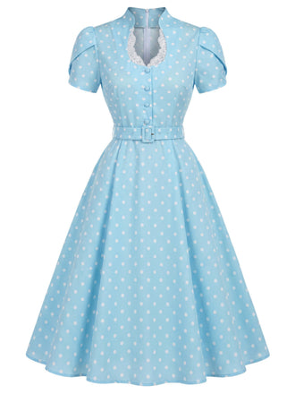[Prévente] Robe Bleu à Pois Trou de Serrure Manches Tulipe Ceinturé Années 1950 2