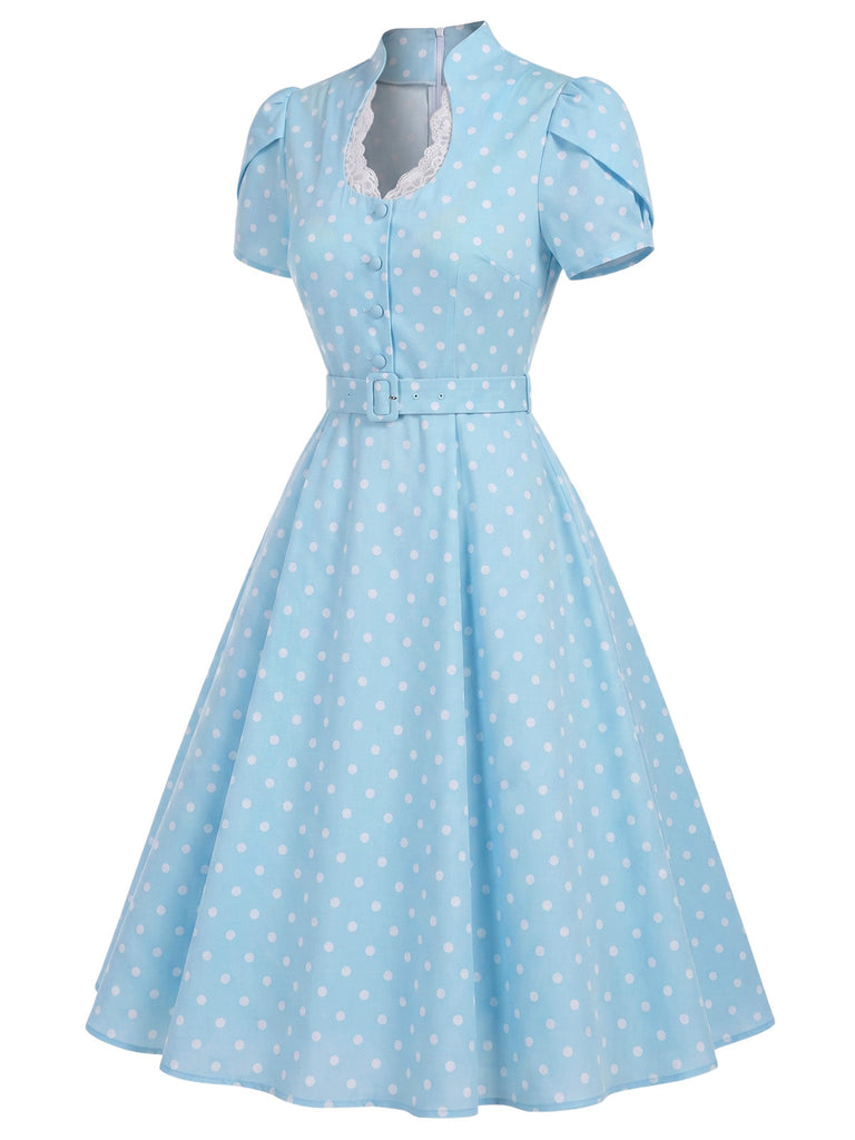 [Prévente] Robe Bleu à Pois Trou de Serrure Manches Tulipe Ceinturé Années 1950 3