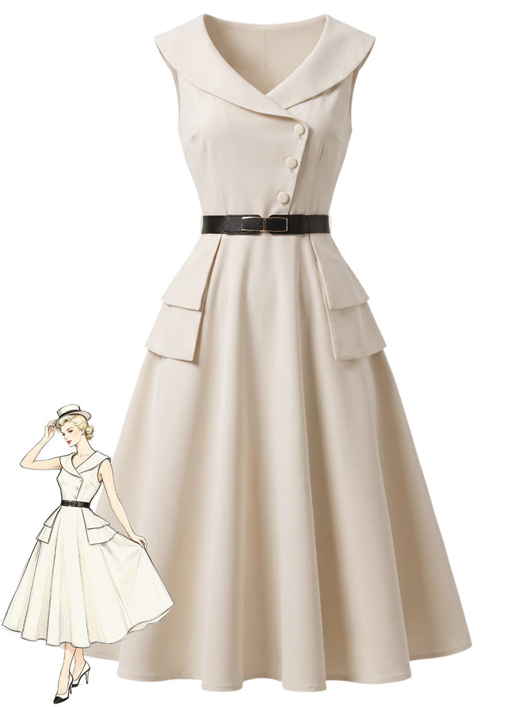 [Prévente] Robe Beige Revers Ceinturé Évasé Années 1950