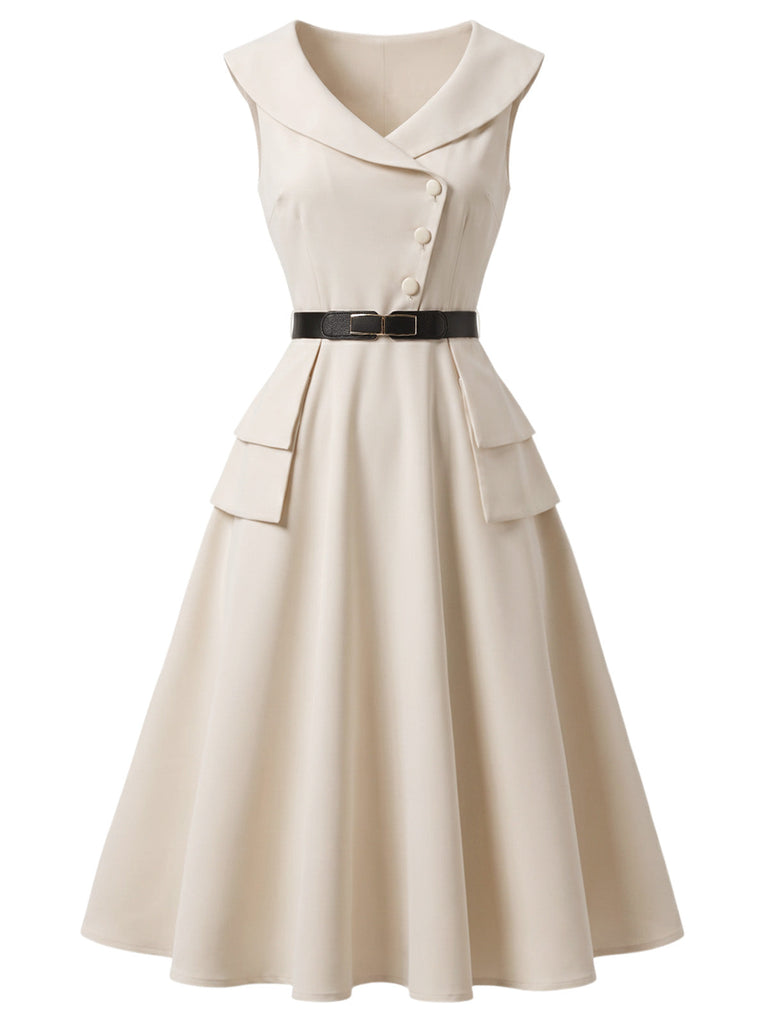 [Prévente] Robe Beige Revers Ceinturé Évasé Années 1950 2