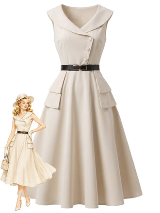 [Prévente] Robe évasée beige revers et ceinture années 1950