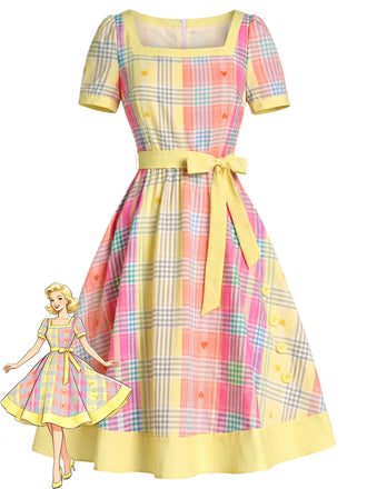 [Prévente] Robe carreaux jaune clair encolure carrée et motif cœur années 50
