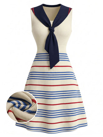 [Prévente] Robe Crème Col Marin Rayé Tricot Années 1970