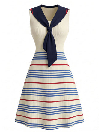 [Prévente] Robe Crème Col Marin Rayé Tricot Années 1970 2