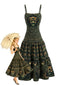 Robe longue plusieurs niveaux bretelles spaghetti et fleurs vert foncé années 1970