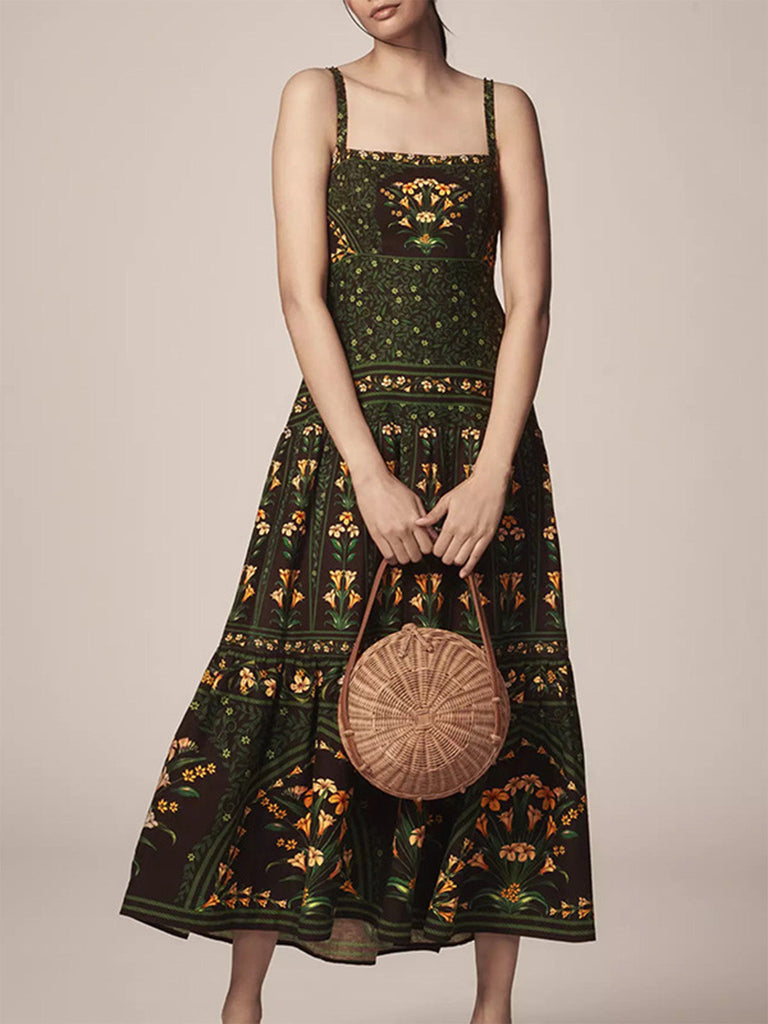 Robe Longue Florale Bretelles Fines à Volants Étagés Vert Foncé Années 1970 4